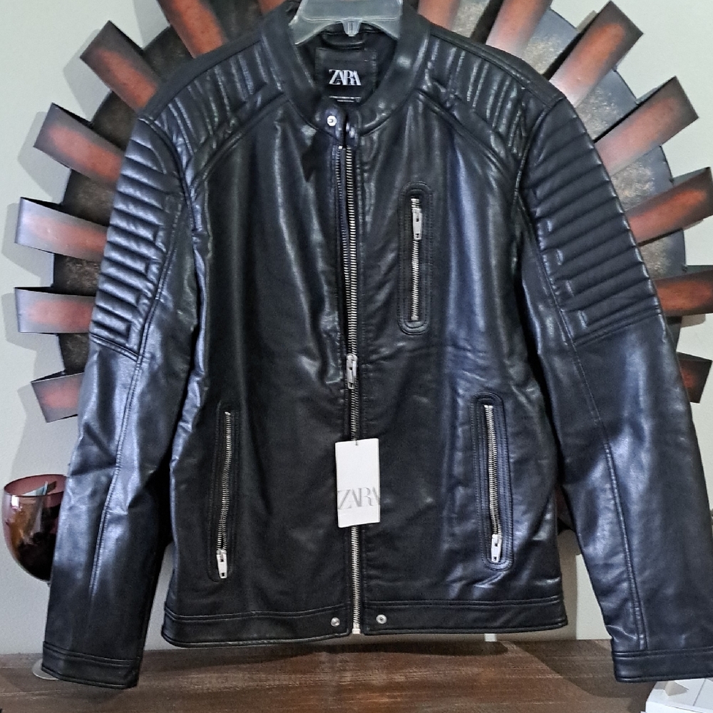 Zara Black Quilted-Shoulder Faux Leather Moto Jacket